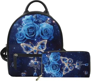 Blue Rose Butterfly Backpack Purse and Wallet Set for Women Fashion Leather Backpack Mini Purses Set of 2 Pcs Travel Accessories Ladies Handbags Casual Daypack for Teen Girls