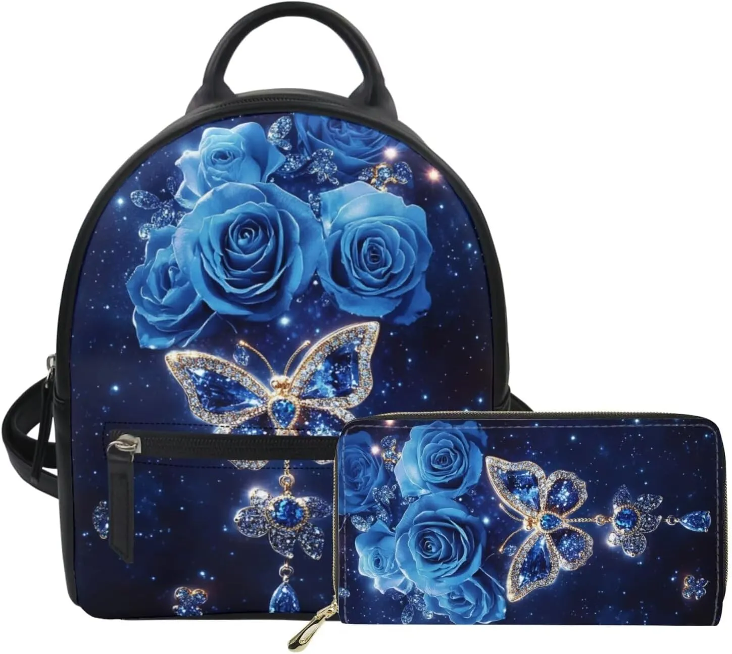 Blue Rose Butterfly Backpack Purse and Wallet Set for Women Fashion Leather Backpack Mini Purses Set of 2 Pcs Travel Accessories Ladies Handbags Casual Daypack for Teen Girls