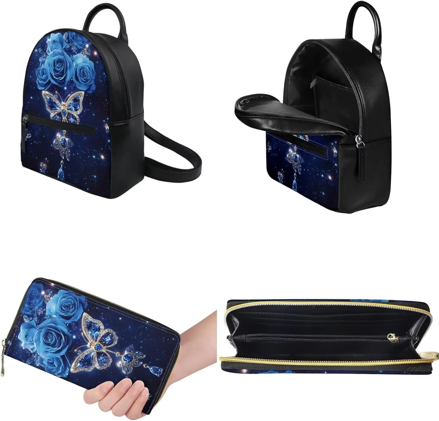 Blue Rose Butterfly Backpack Purse and Wallet Set for Women Fashion Leather Backpack Mini Purses Set of 2 Pcs Travel Accessories Ladies Handbags Casual Daypack for Teen Girls
