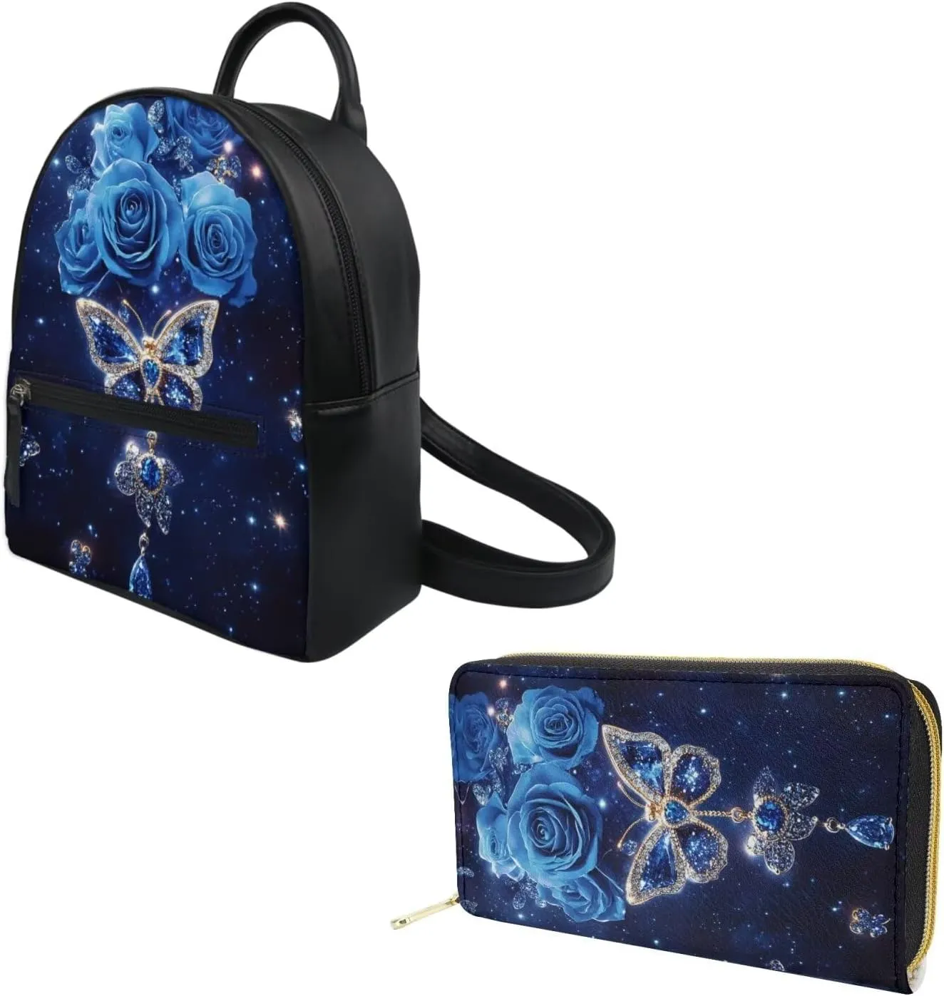 Blue Rose Butterfly Backpack Purse and Wallet Set for Women Fashion Leather Backpack Mini Purses Set of 2 Pcs Travel Accessories Ladies Handbags Casual Daypack for Teen Girls