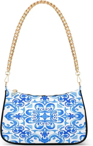 Blue White Floral Shoulder Bag for Women Hobo Tote Handbag Gold Chain Crossbody Bag with Zipper Clutch Purse Handbags