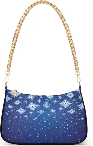 Blue White Winter Snowflakes Womens Shoulder Bag for Women Hobo Tote Handbag Gold Chain Crossbody Bag with Zipper Clutch Purse Handbags