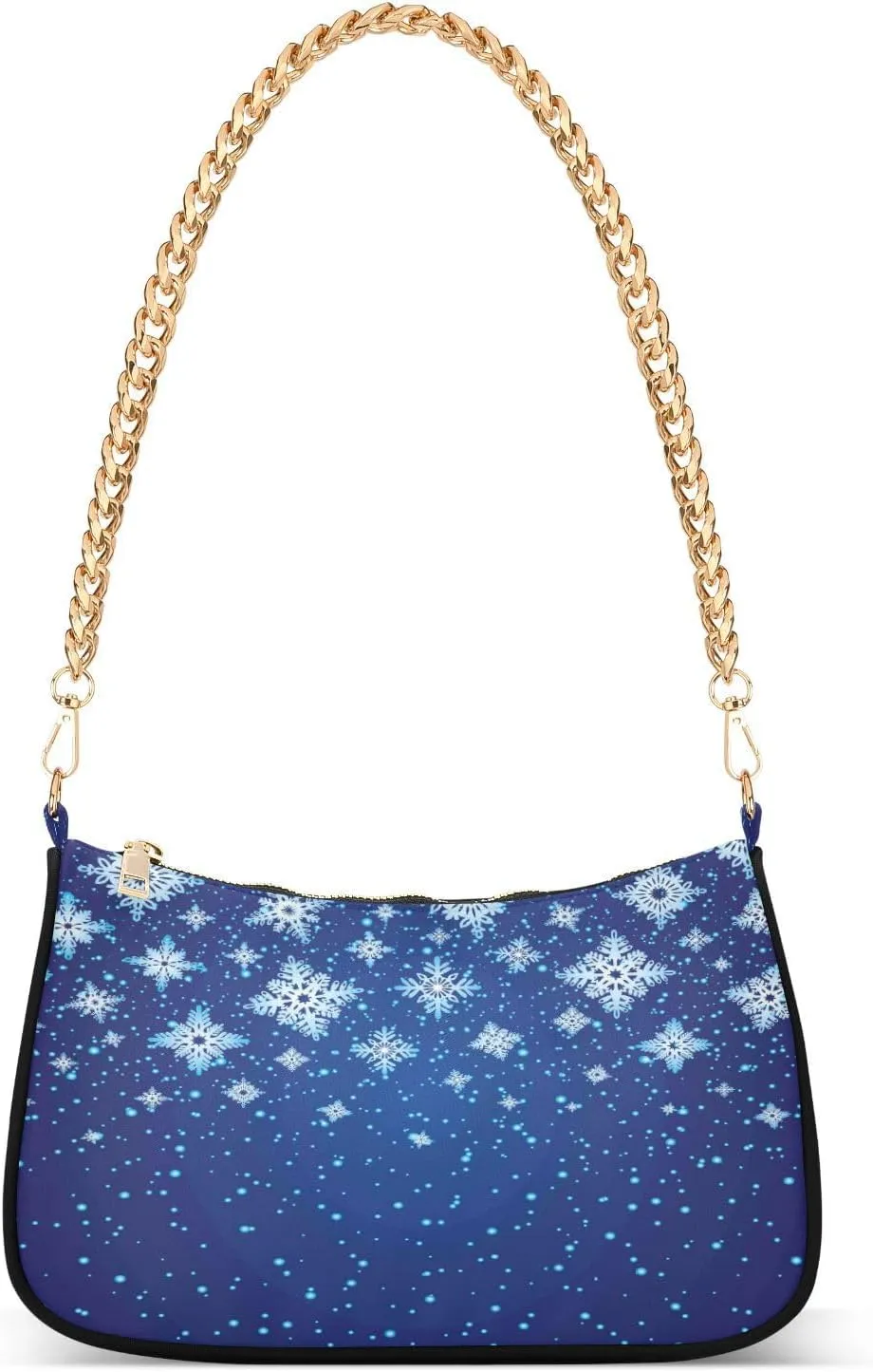 Blue White Winter Snowflakes Womens Shoulder Bag for Women Hobo Tote Handbag Gold Chain Crossbody Bag with Zipper Clutch Purse Handbags