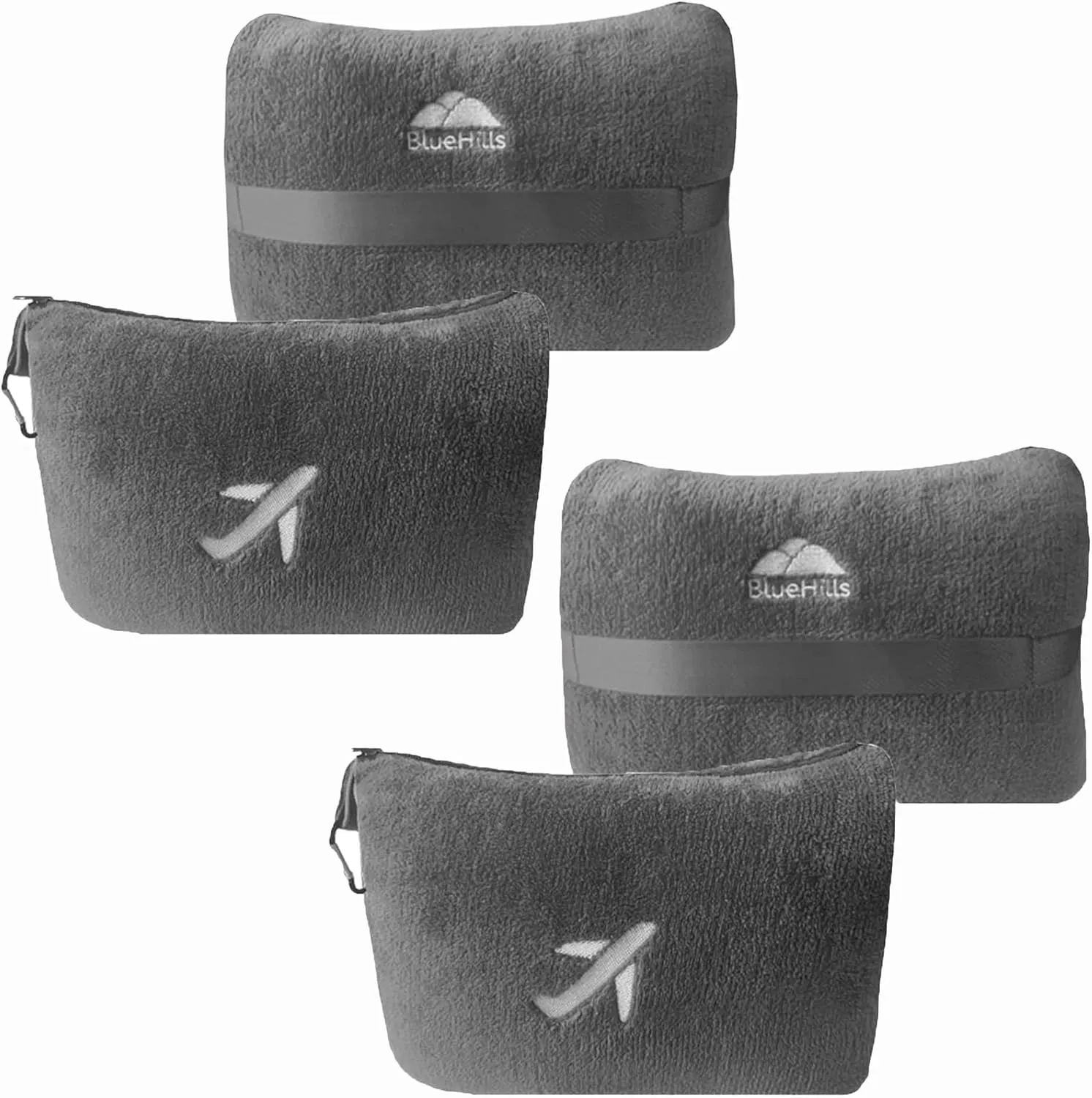 BlueHills 2 Pack Travel Blanket Pillow in Mini Soft Case Premium Plush Airplane Blanket in Soft Bag Compact Pack with Luggage Belt Plane Pillows Gifts Long Flight Blankets Essentials - Grey Gray M21