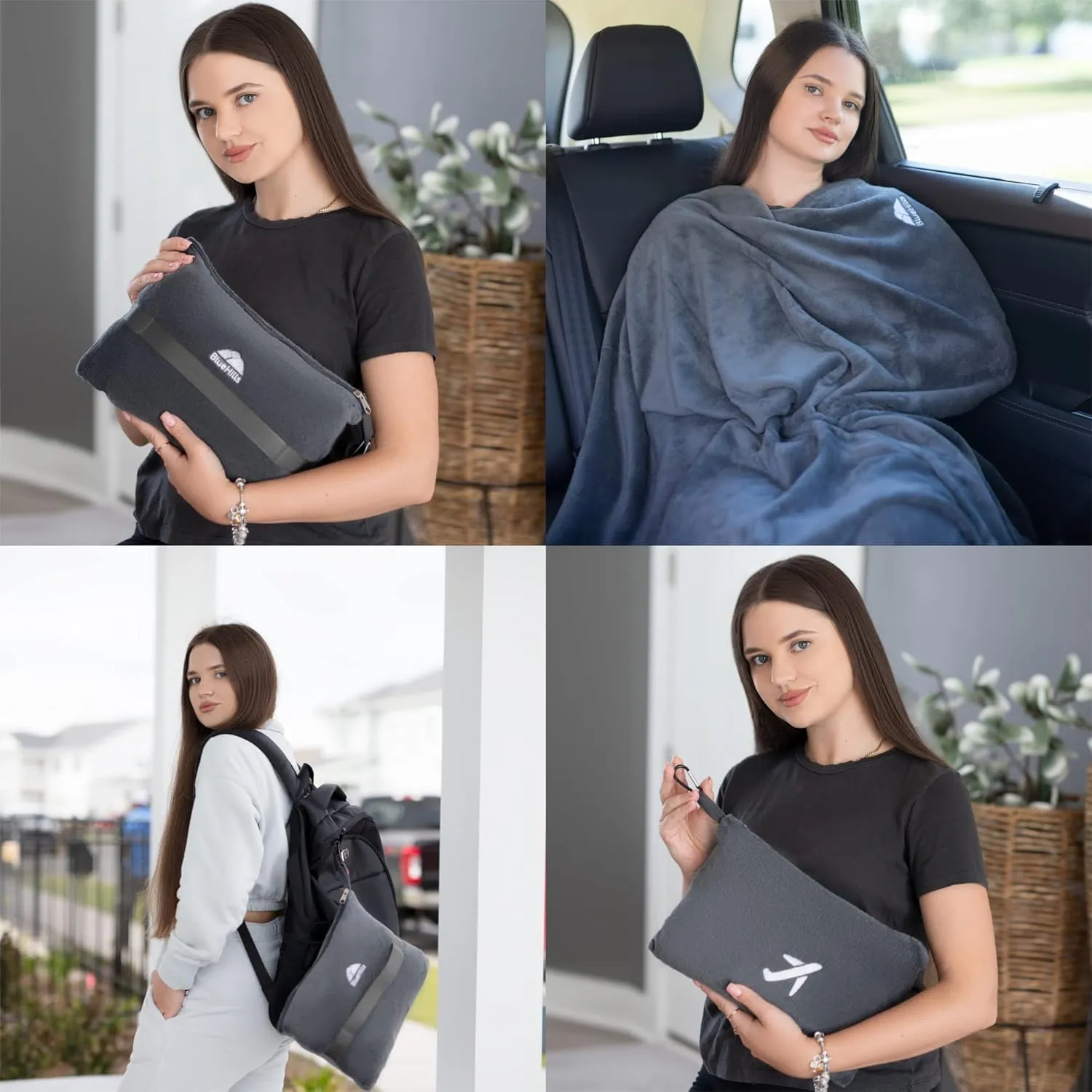 BlueHills 2 Pack Travel Blanket Pillow in Mini Soft Case Premium Plush Airplane Blanket in Soft Bag Compact Pack with Luggage Belt Plane Pillows Gifts Long Flight Blankets Essentials - Grey Gray M21