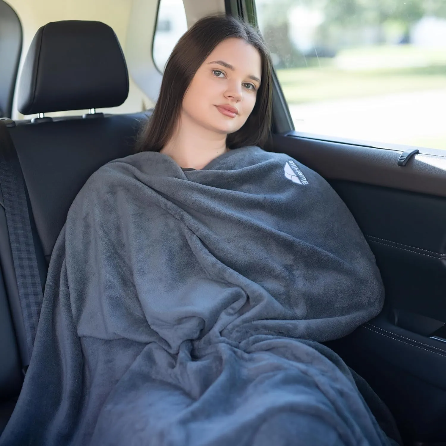 BlueHills 2 Pack Travel Blanket Pillow in Mini Soft Case Premium Plush Airplane Blanket in Soft Bag Compact Pack with Luggage Belt Plane Pillows Gifts Long Flight Blankets Essentials - Grey Gray M21