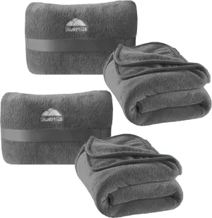 BlueHills 2 Pack Travel Blanket Pillow in Mini Soft Case Premium Plush Airplane Blanket in Soft Bag Compact Pack with Luggage Belt Plane Pillows Gifts Long Flight Blankets Essentials - Grey Gray M21