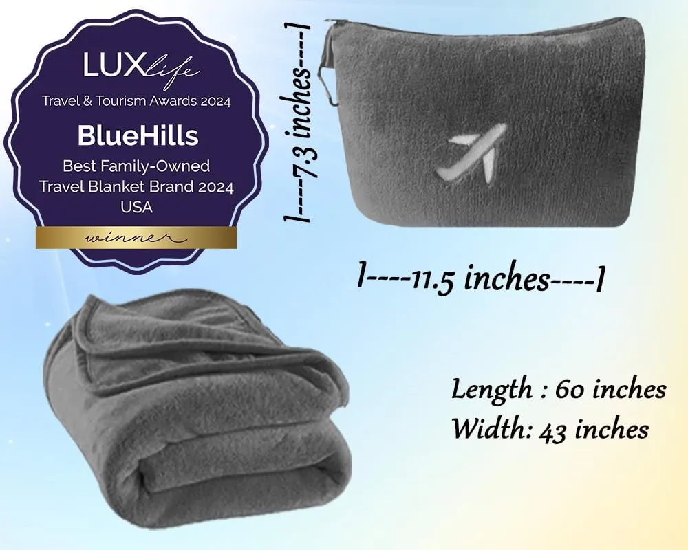 BlueHills 2 Pack Travel Blanket Pillow in Mini Soft Case Premium Plush Airplane Blanket in Soft Bag Compact Pack with Luggage Belt Plane Pillows Gifts Long Flight Blankets Essentials - Grey Gray M21
