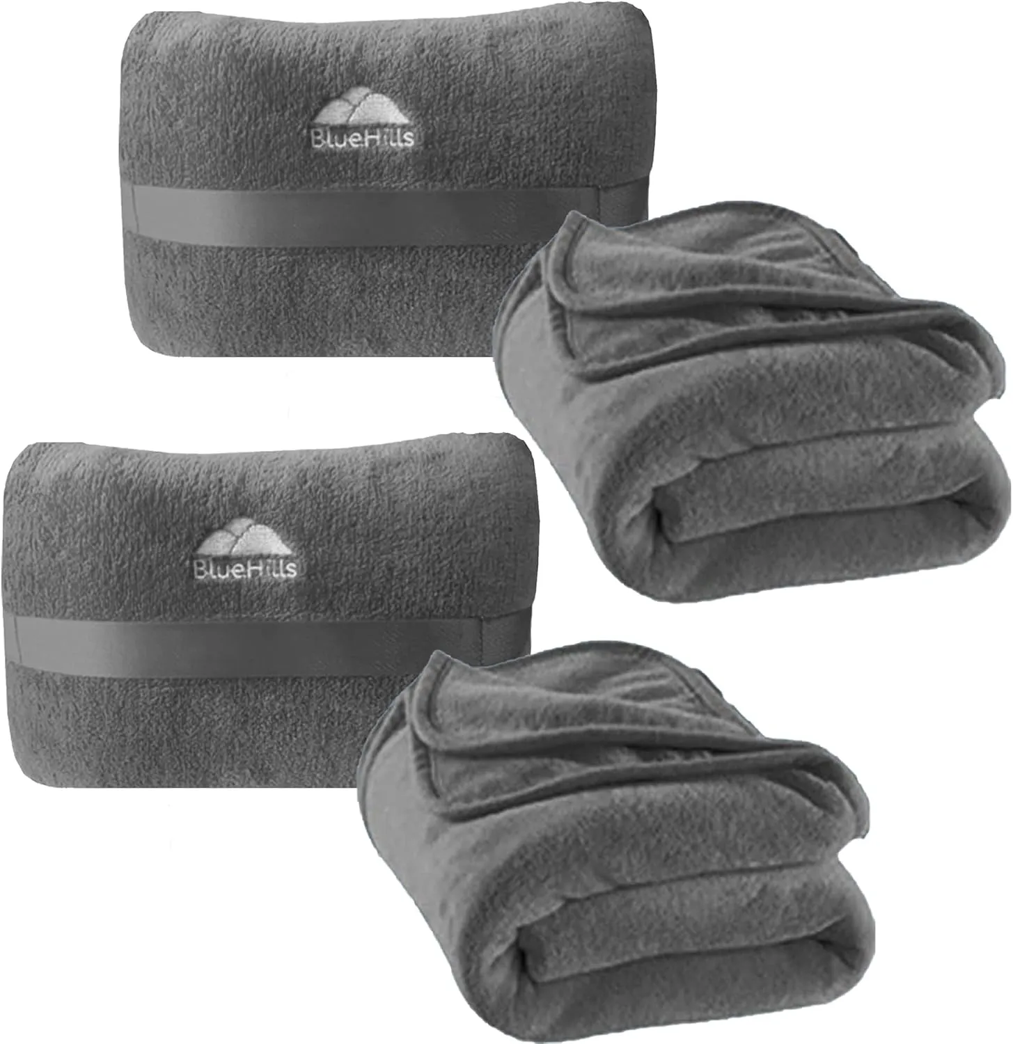 BlueHills 2 Pack Travel Blanket Pillow in Mini Soft Case Premium Plush Airplane Blanket in Soft Bag Compact Pack with Luggage Belt Plane Pillows Gifts Long Flight Blankets Essentials - Grey Gray M21