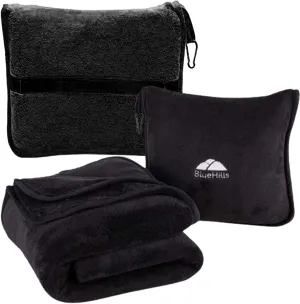 BlueHills Premium Soft Travel Blanket Pillow Airplane Blanket Packed in Soft Bag Pillowcase with Hand Luggage Belt and Backpack Clip, Compact Pack Large Packable for Any Travel (Black T008)