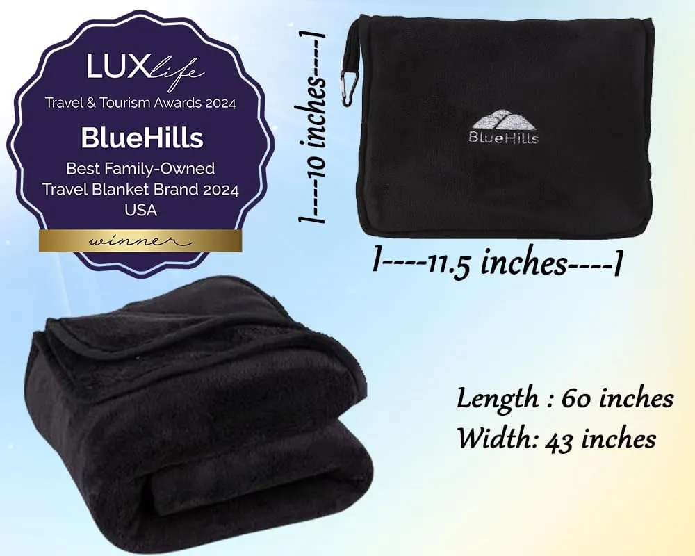 BlueHills Premium Soft Travel Blanket Pillow Airplane Blanket Packed in Soft Bag Pillowcase with Hand Luggage Belt and Backpack Clip, Compact Pack Large Packable for Any Travel (Black T008)