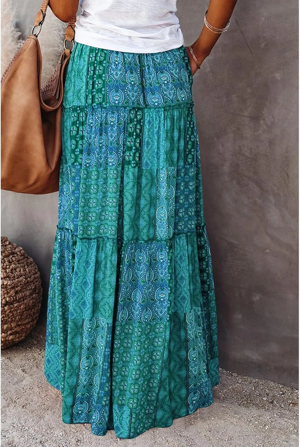 Bohemian Long Skirts Women's Flowy High Waist A Line Summer Pleated Maxi Skirts for Women with Pockets Drawstring
