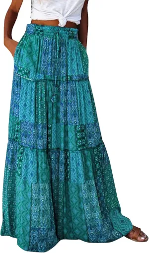Bohemian Long Skirts Women's Flowy High Waist A Line Summer Pleated Maxi Skirts for Women with Pockets Drawstring