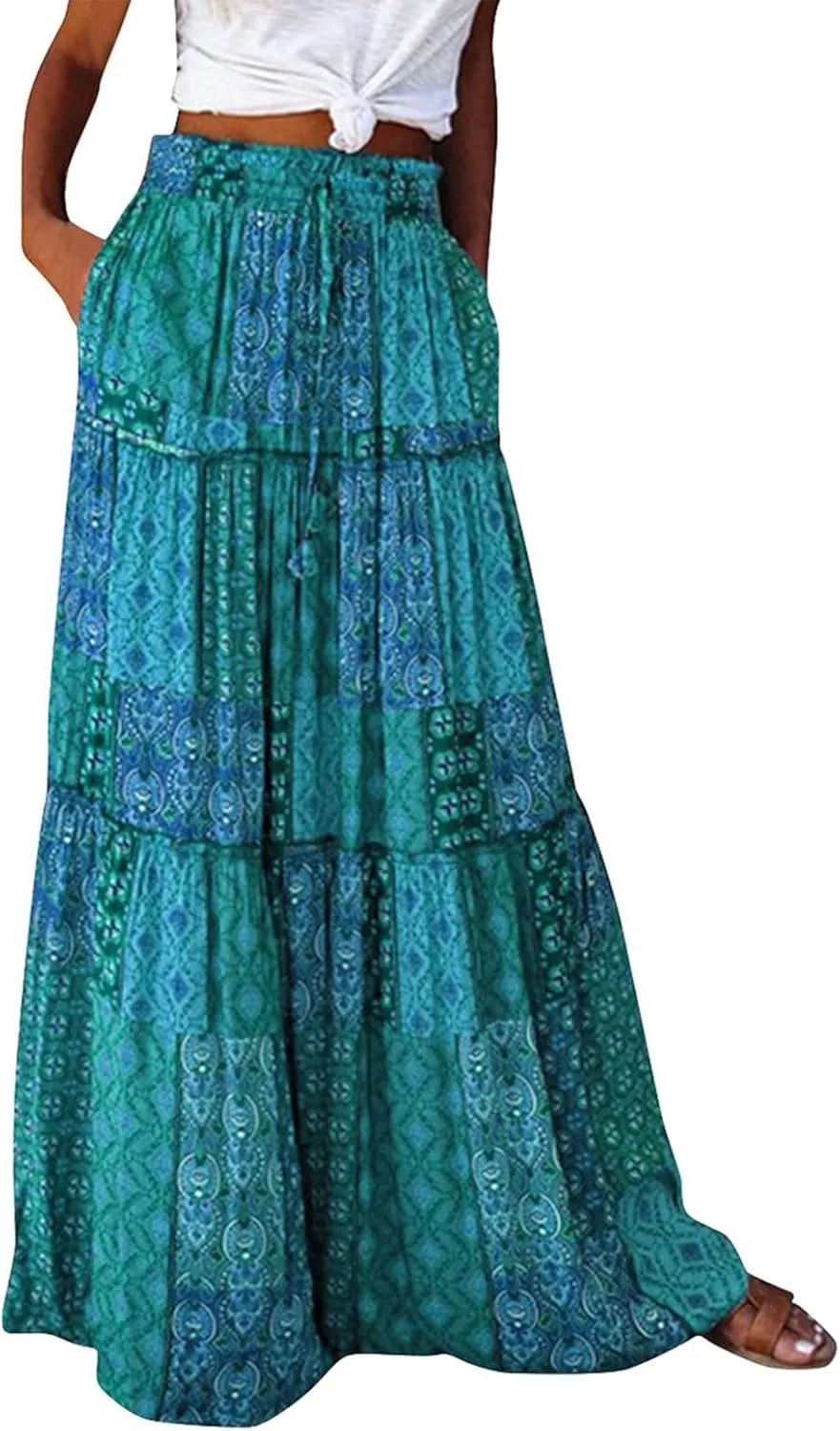 Bohemian Long Skirts Women's Flowy High Waist A Line Summer Pleated Maxi Skirts for Women with Pockets Drawstring