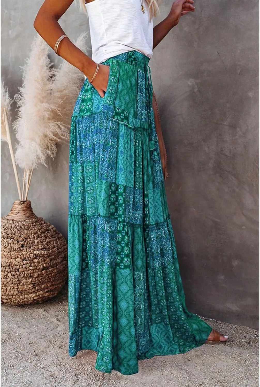 Bohemian Long Skirts Women's Flowy High Waist A Line Summer Pleated Maxi Skirts for Women with Pockets Drawstring