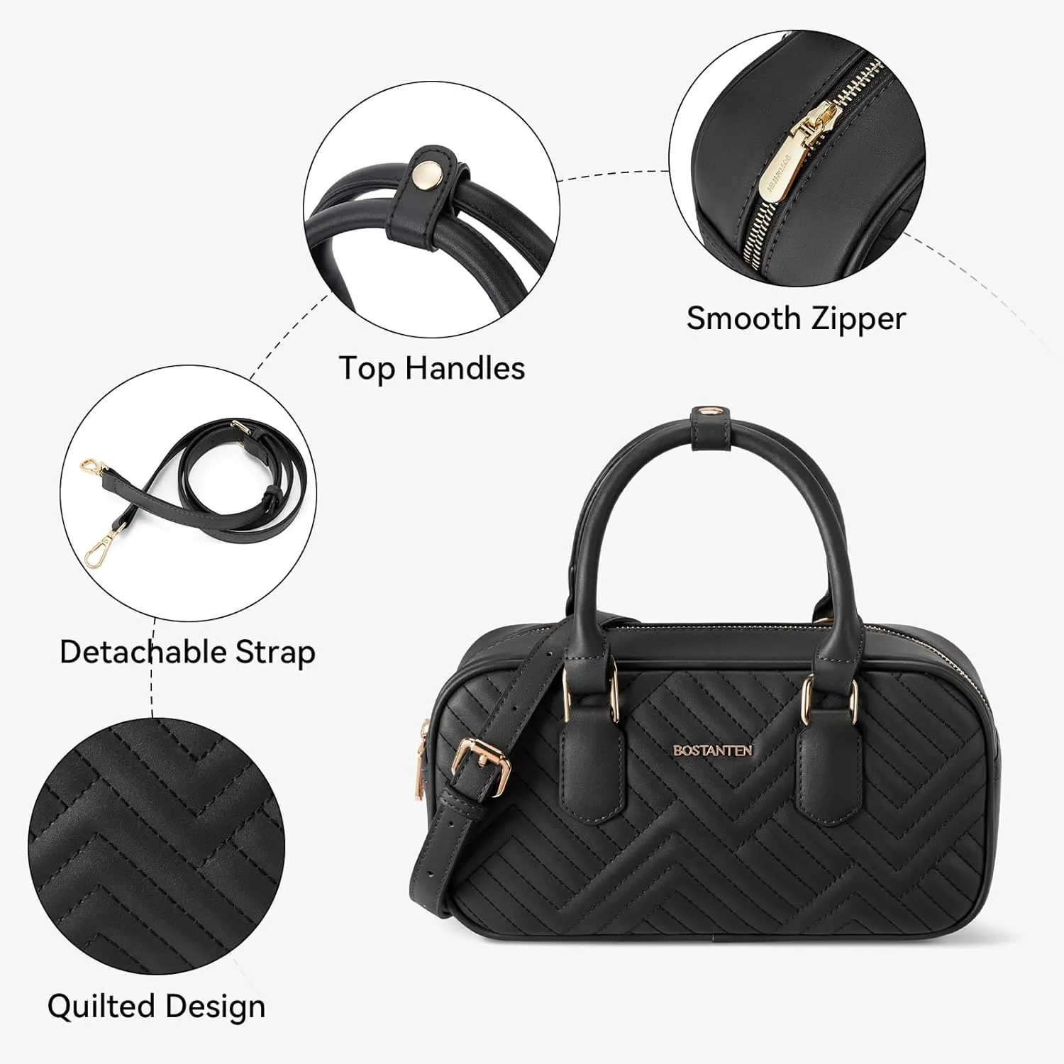 BOSTANTEN Vegan Leather Satchel Bag Quilted Crossbody Purses for Women Small Tote Shoulder Handbags with Detachable Strap