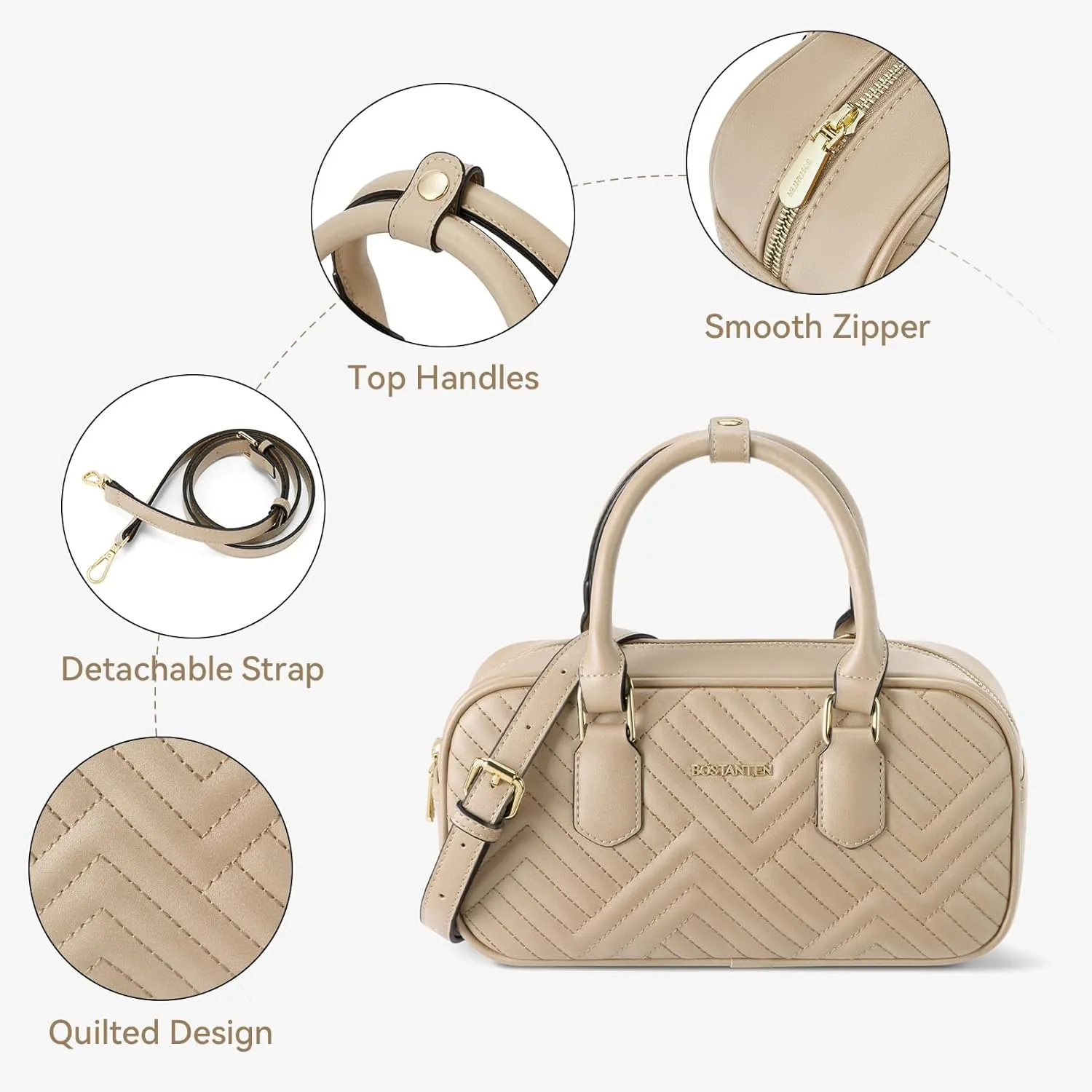 BOSTANTEN Vegan Leather Satchel Bag Quilted Crossbody Purses for Women Small Tote Shoulder Handbags with Detachable Strap