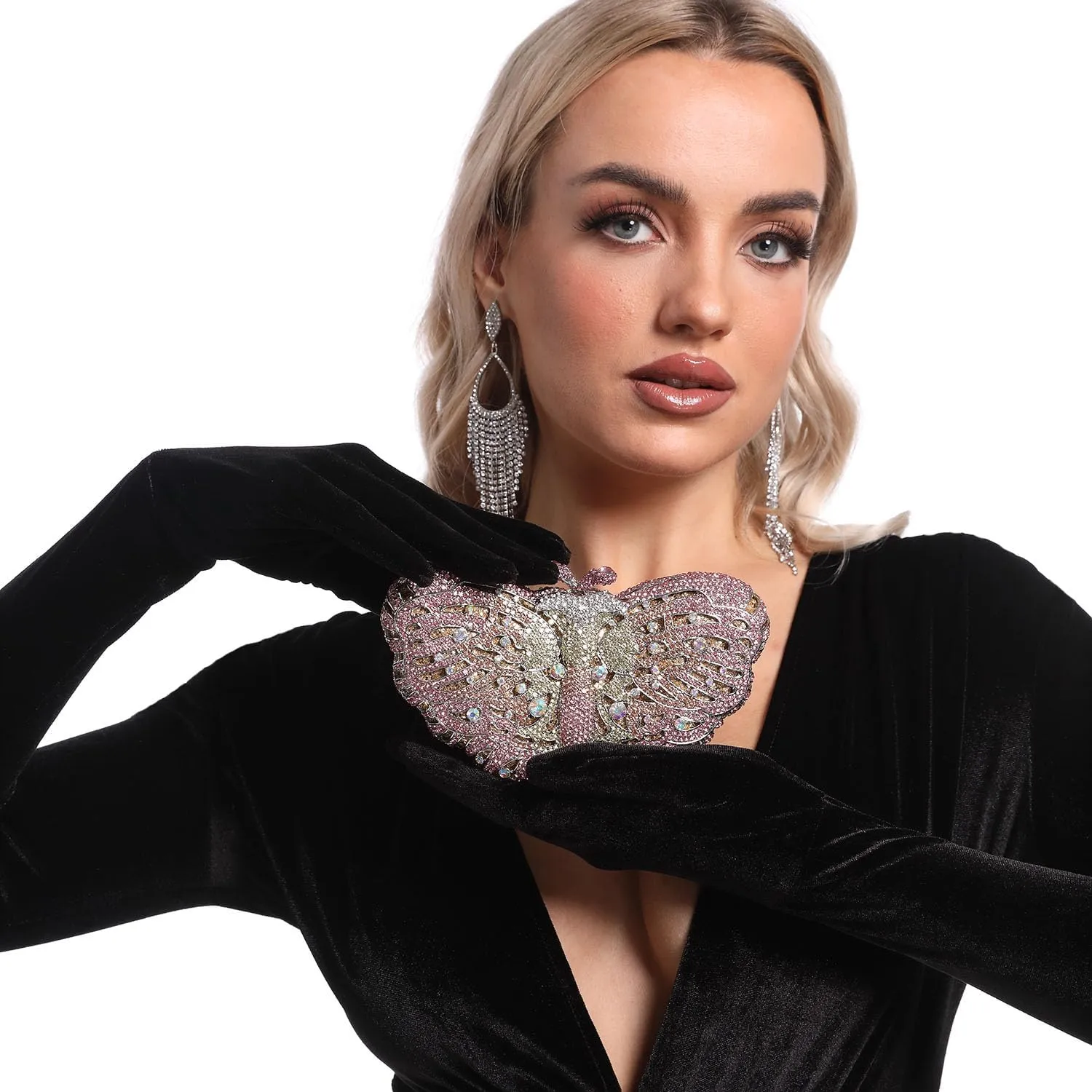 Boutique De FGG Butterfly Clutch Minaudiere Bag Women Rhinestone Evening Handbags Bridal Wedding Crystal Clutch Purse,Mini
