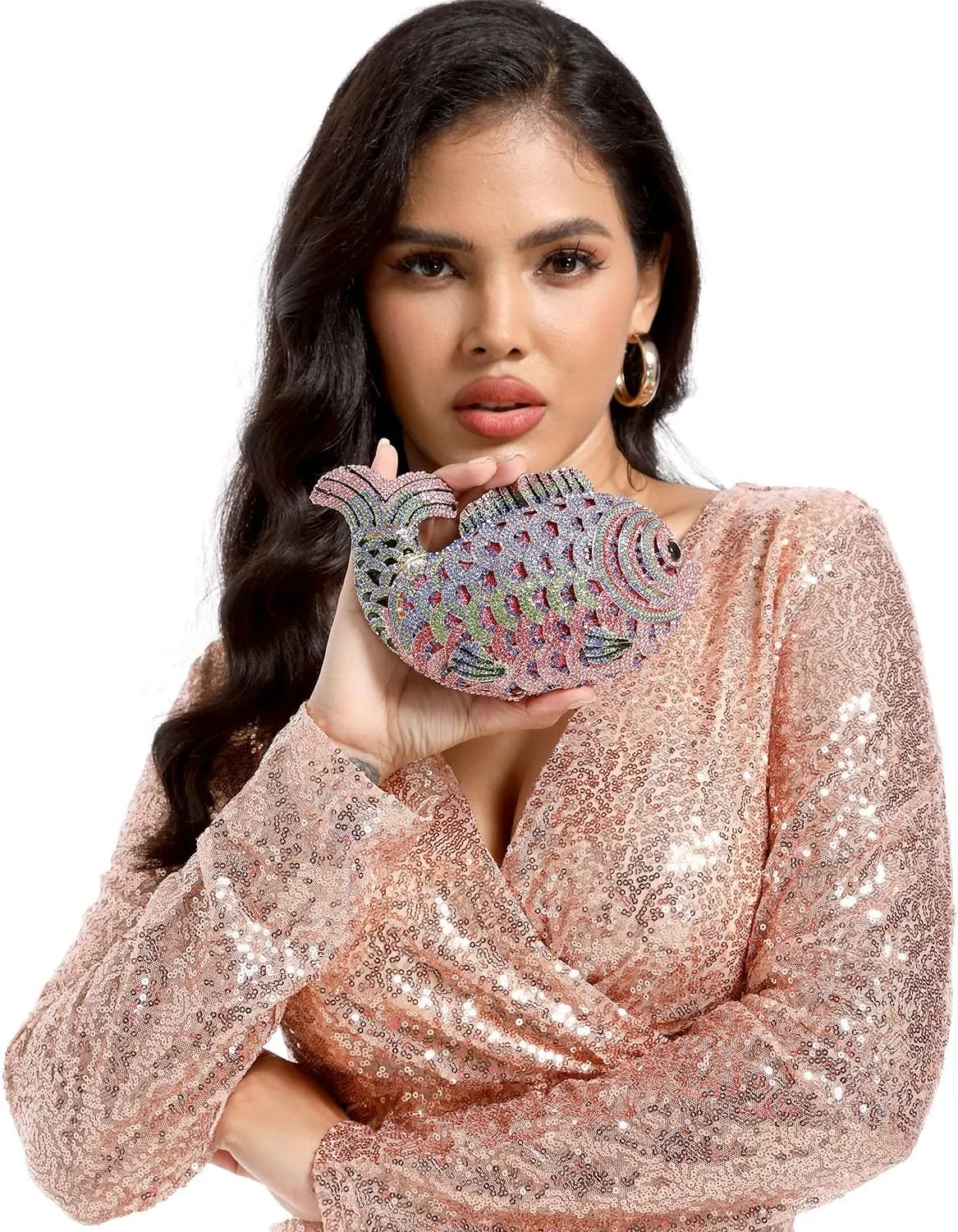 Boutique De FGG Fish Rhinestone Clutch Purses for Women Formal Evening Bags Prom Purse Wedding Party Crystal Clutch Bag,Mini