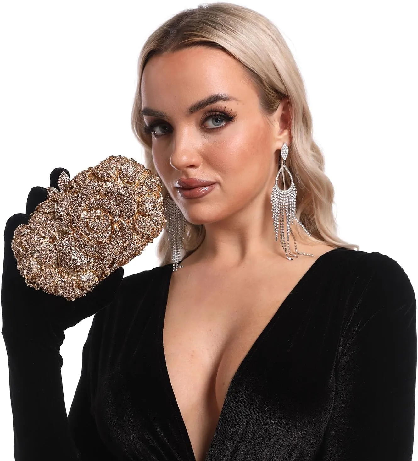 Boutique De FGG Flower Evening Bags for Women Wedding Handbags Crystal Clutch Purse Prom Rose Rhinestone Clutch Purses,Mini