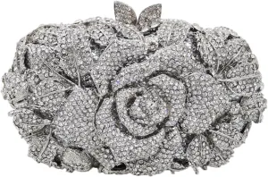 Boutique De FGG Flower Evening Bags for Women Wedding Handbags Crystal Clutch Purse Prom Rose Rhinestone Clutch Purses,Mini