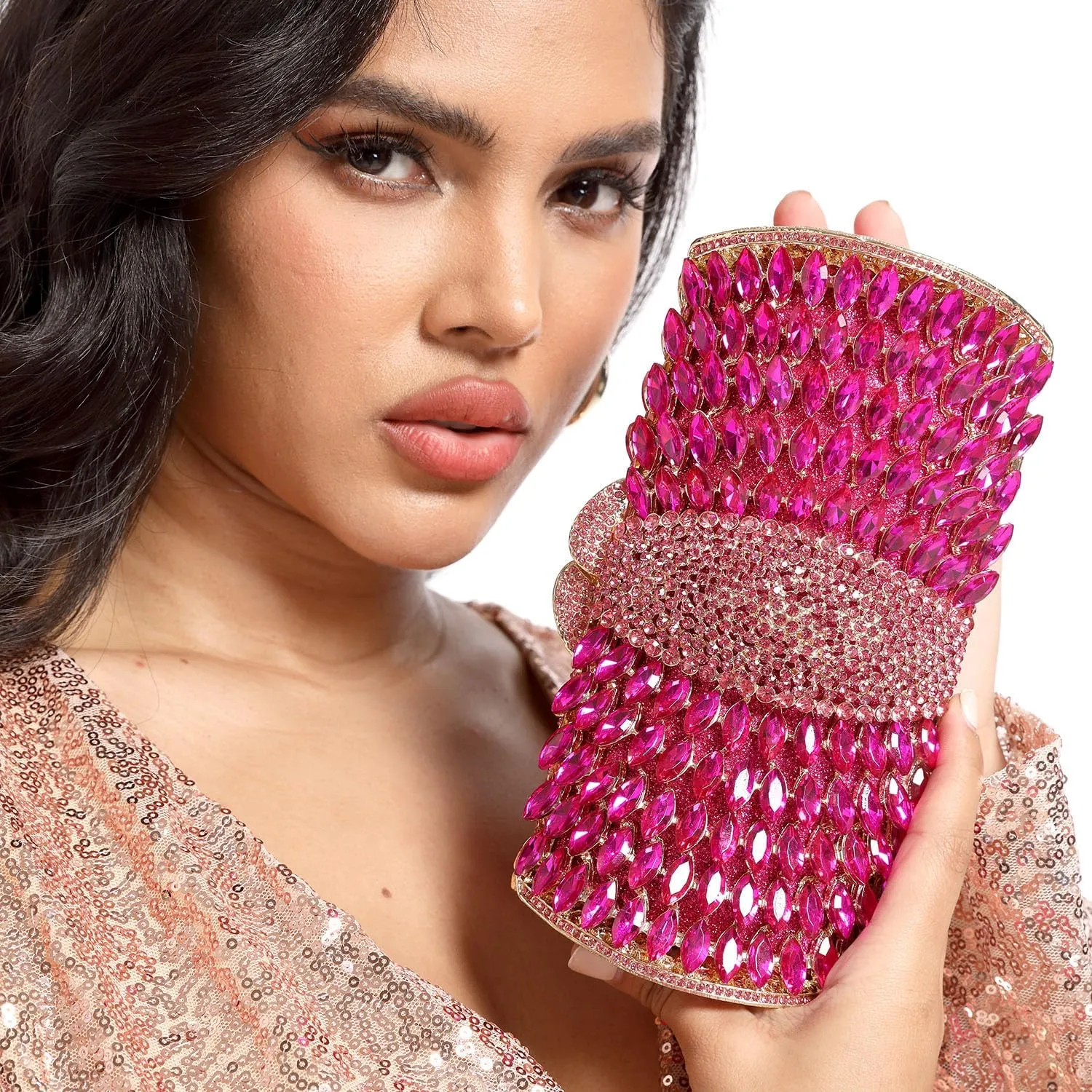 Boutique De FGG Sparkly Crystal Clutch Purse for Women Evening Bags with Spikes Wedding Party Rhinestone Clutch Handbag,Mini