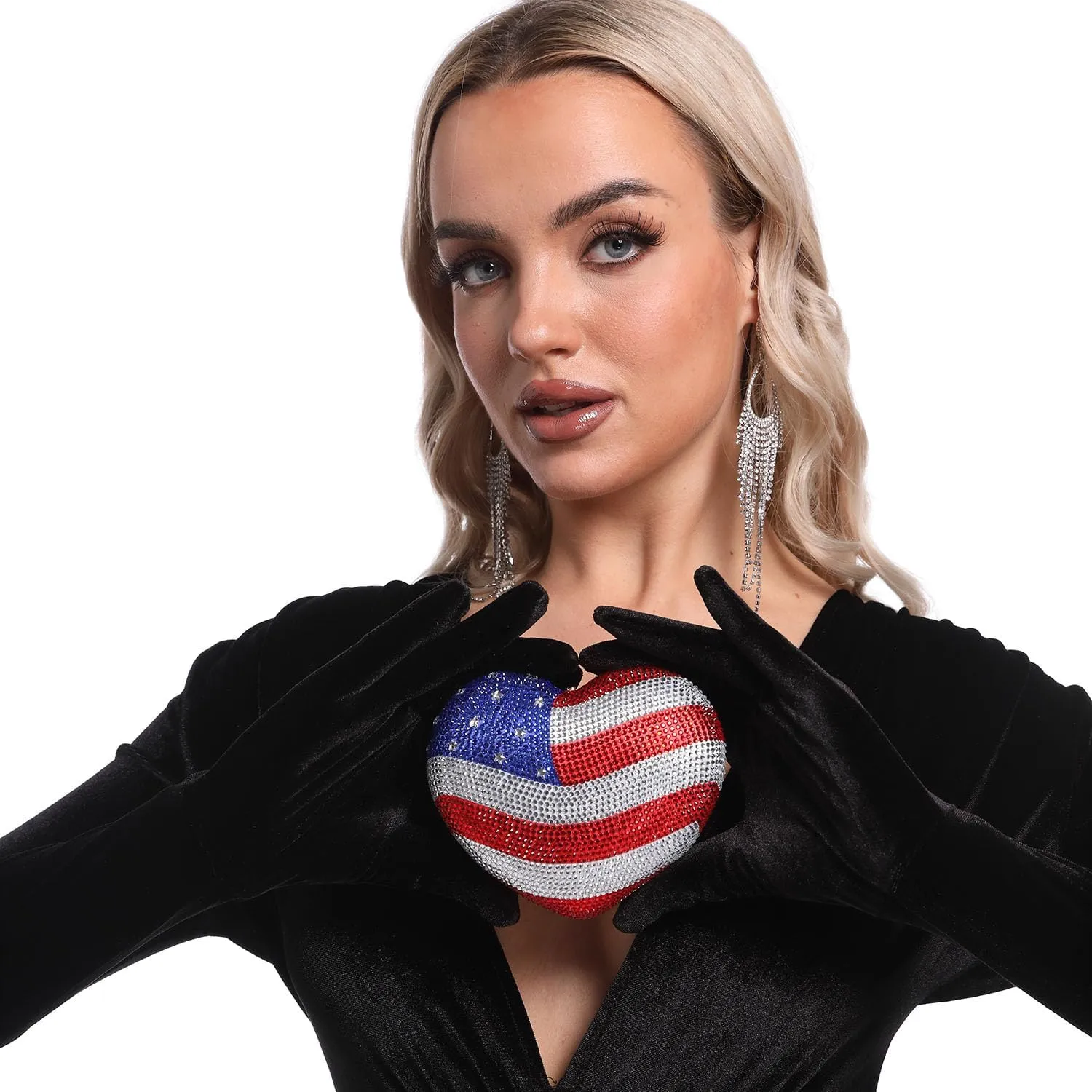 Boutique De FGG The American National Flag Crystal Clutch Purse for Women Evening Bags Party Chain Shoulder Handbags,Mini