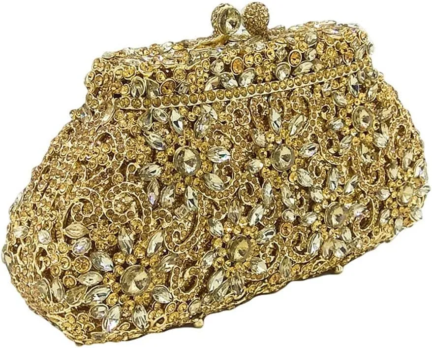 Boutique De FGG Women Crown Minaudiere Handbags Formal Evening Bags Flower Crystal Clutch Purses Wedding Clutch Bag,Mini