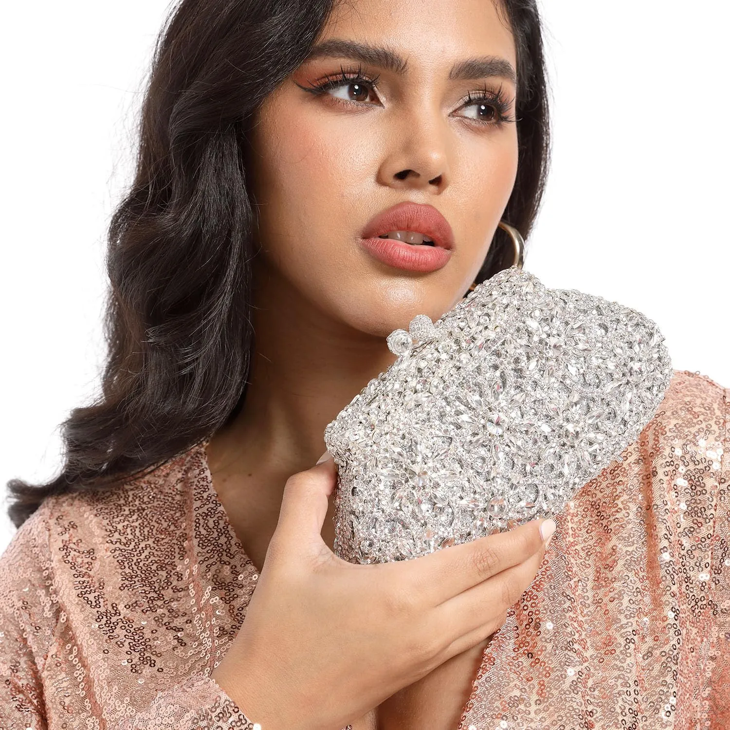 Boutique De FGG Women Crown Minaudiere Handbags Formal Evening Bags Flower Crystal Clutch Purses Wedding Clutch Bag,Mini
