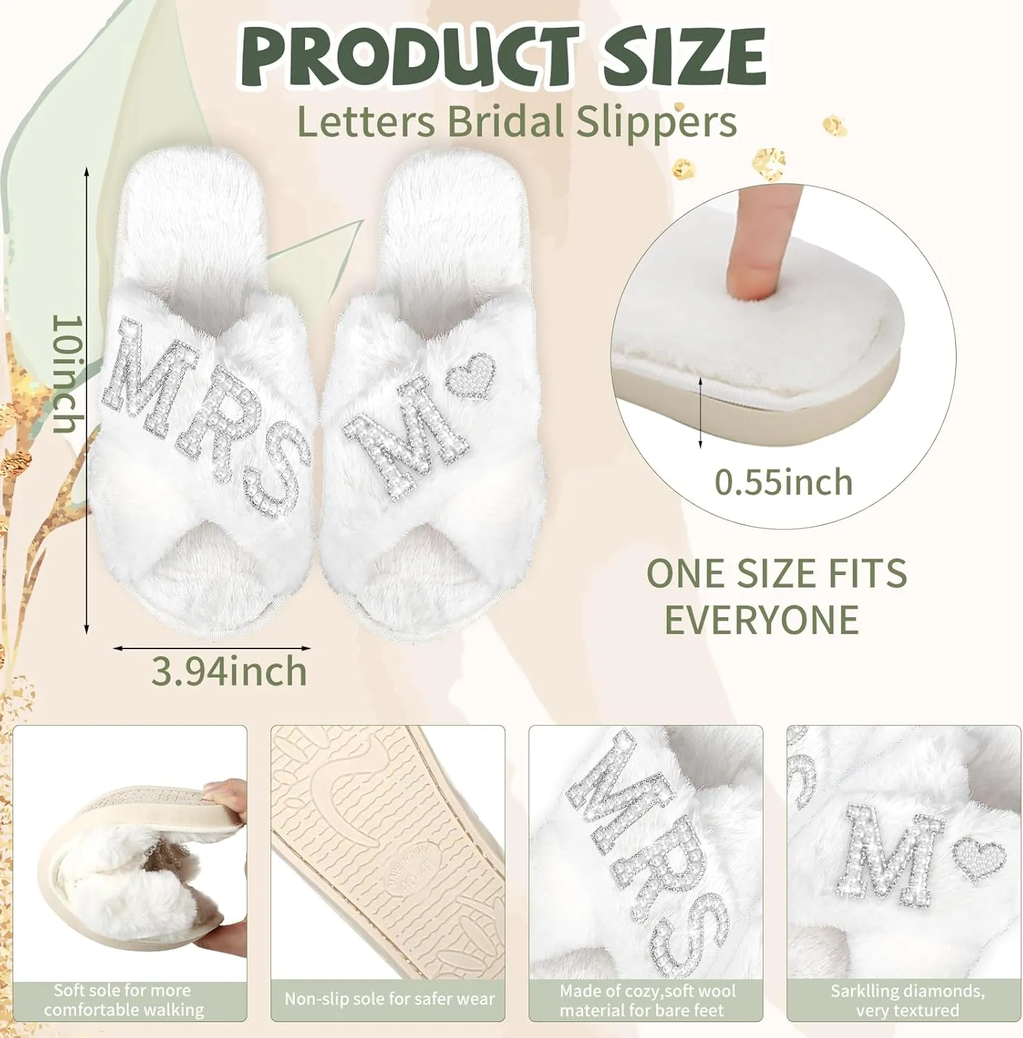 Bridal Accessories, Bride Slippers, Bride Robe, MRS Makeup Bag, Bride Hair Claw (Letter M-Clip, 8.5-9.5)