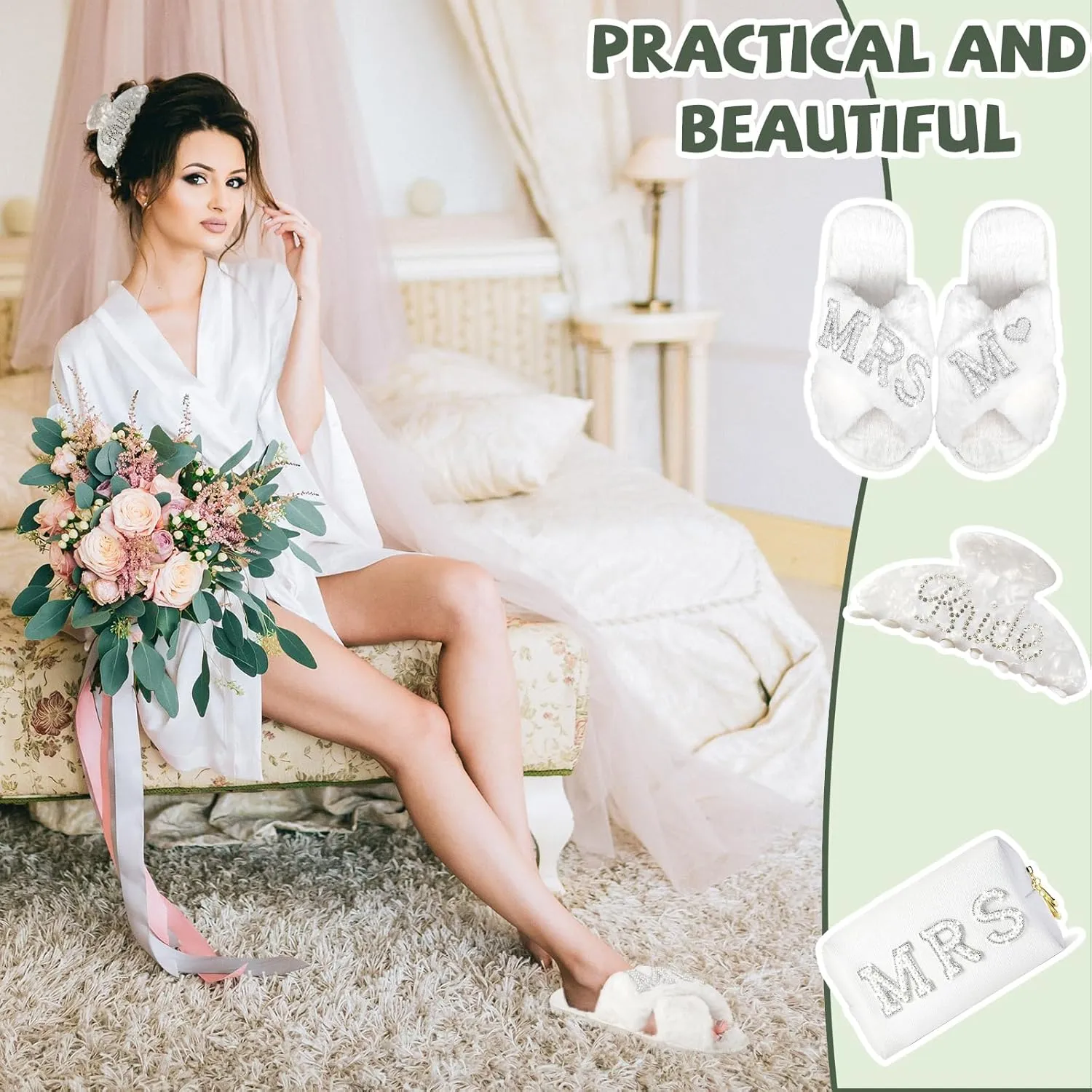 Bridal Accessories, Bride Slippers, Bride Robe, MRS Makeup Bag, Bride Hair Claw (Letter M-Clip, 8.5-9.5)