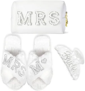 Bridal Accessories, Bride Slippers, Bride Robe, MRS Makeup Bag, Bride Hair Claw (Letter M-Clip, 8.5-9.5)