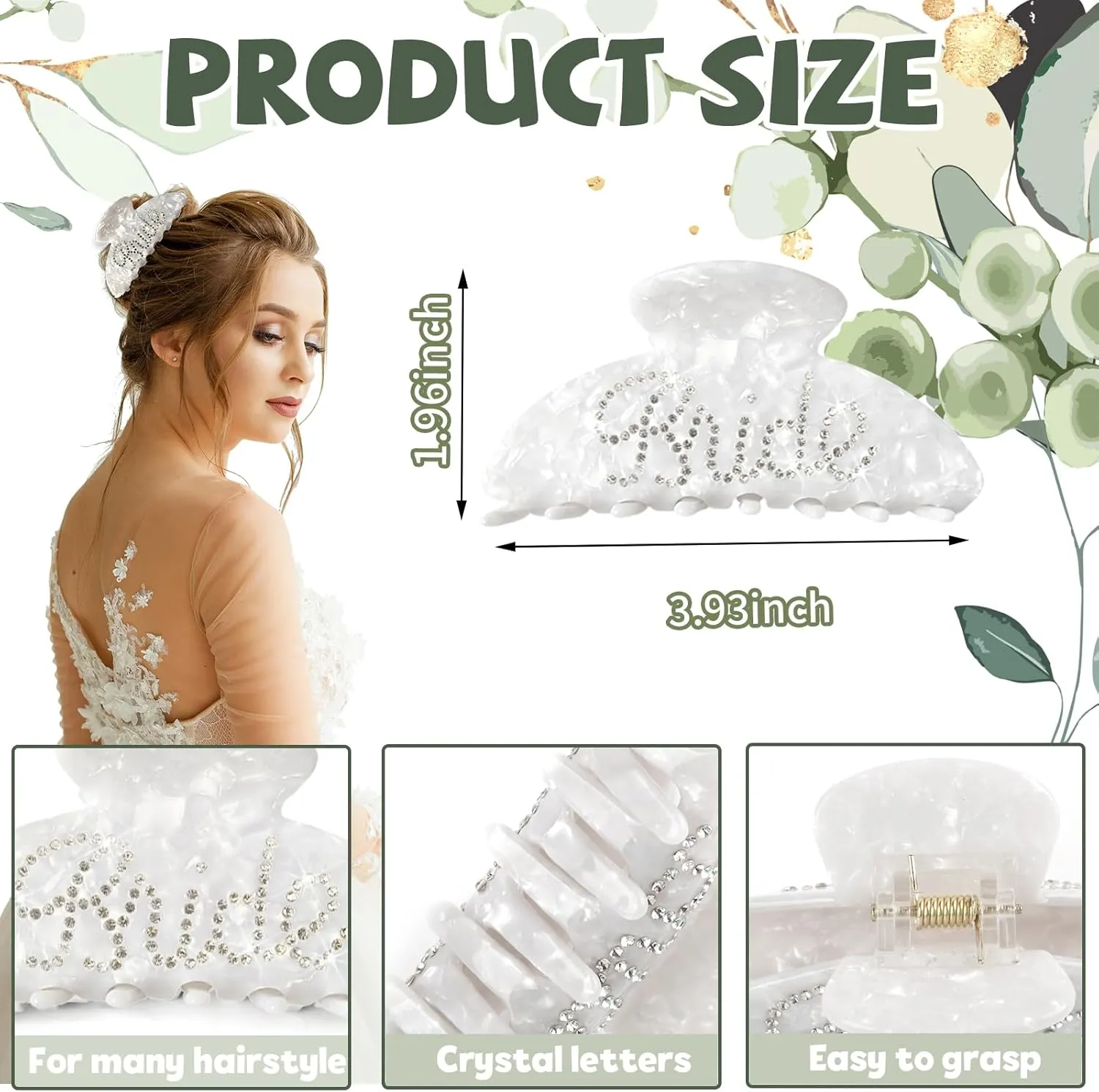 Bridal Accessories, Bride Slippers, Bride Robe, MRS Makeup Bag, Bride Hair Claw (Letter M-Clip, 8.5-9.5)