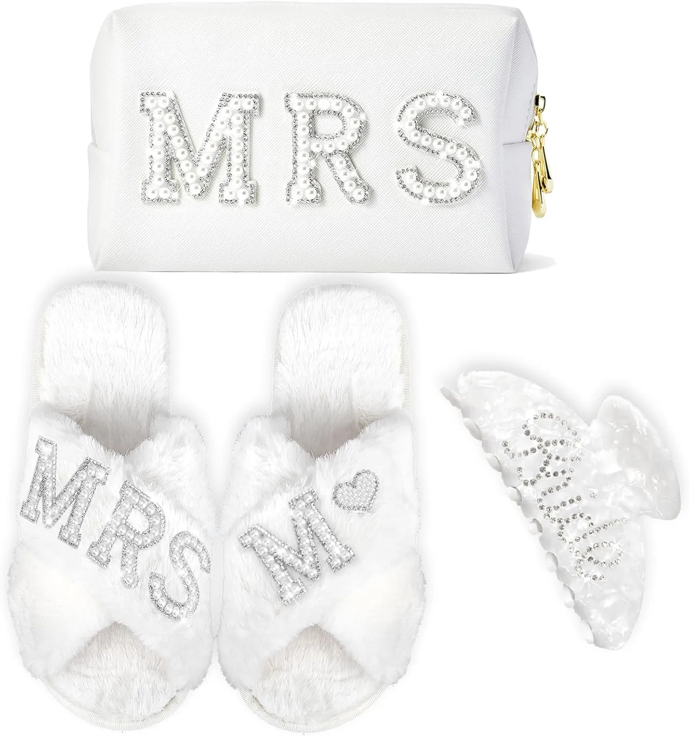Bridal Accessories, Bride Slippers, Bride Robe, MRS Makeup Bag, Bride Hair Claw (Letter M-Clip, 8.5-9.5)