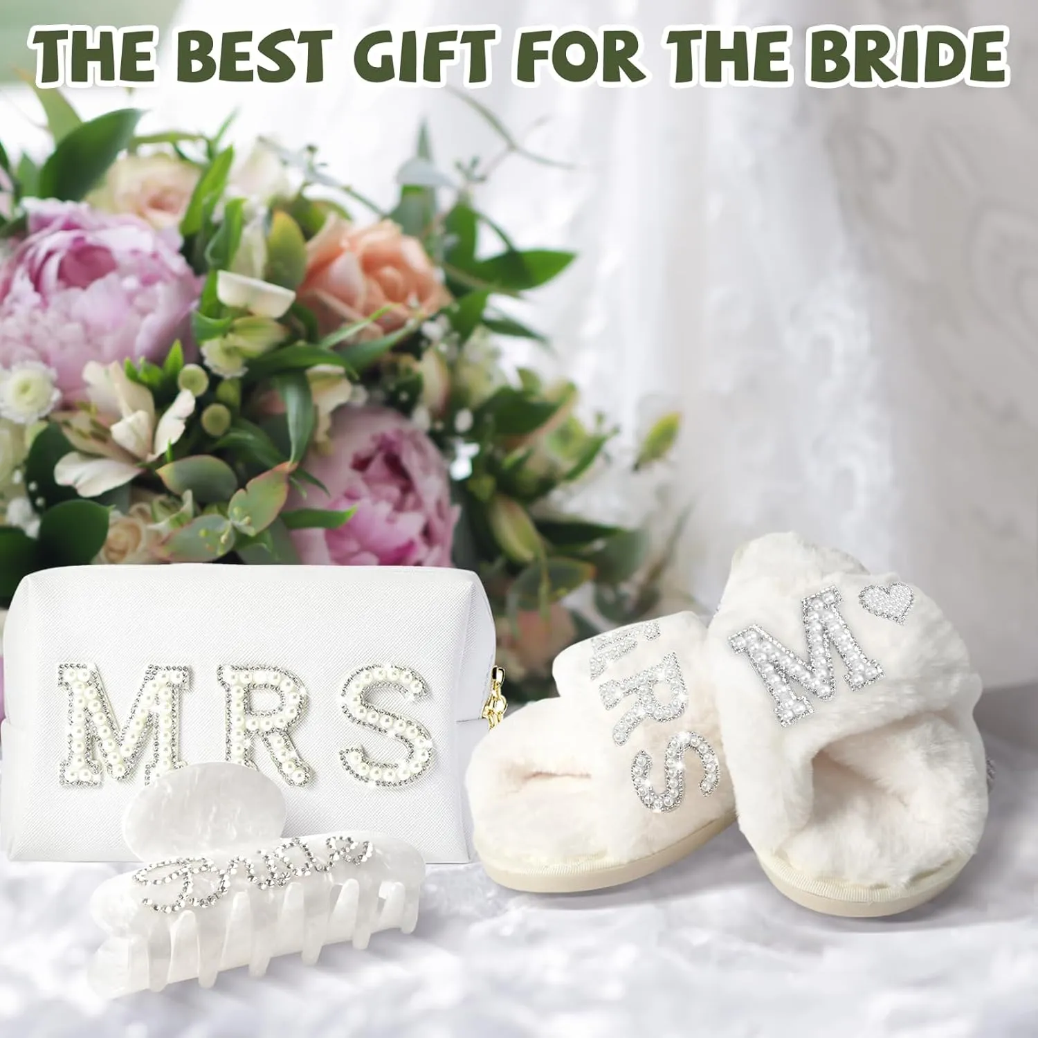 Bridal Accessories, Bride Slippers, Bride Robe, MRS Makeup Bag, Bride Hair Claw (Letter M-Clip, 8.5-9.5)