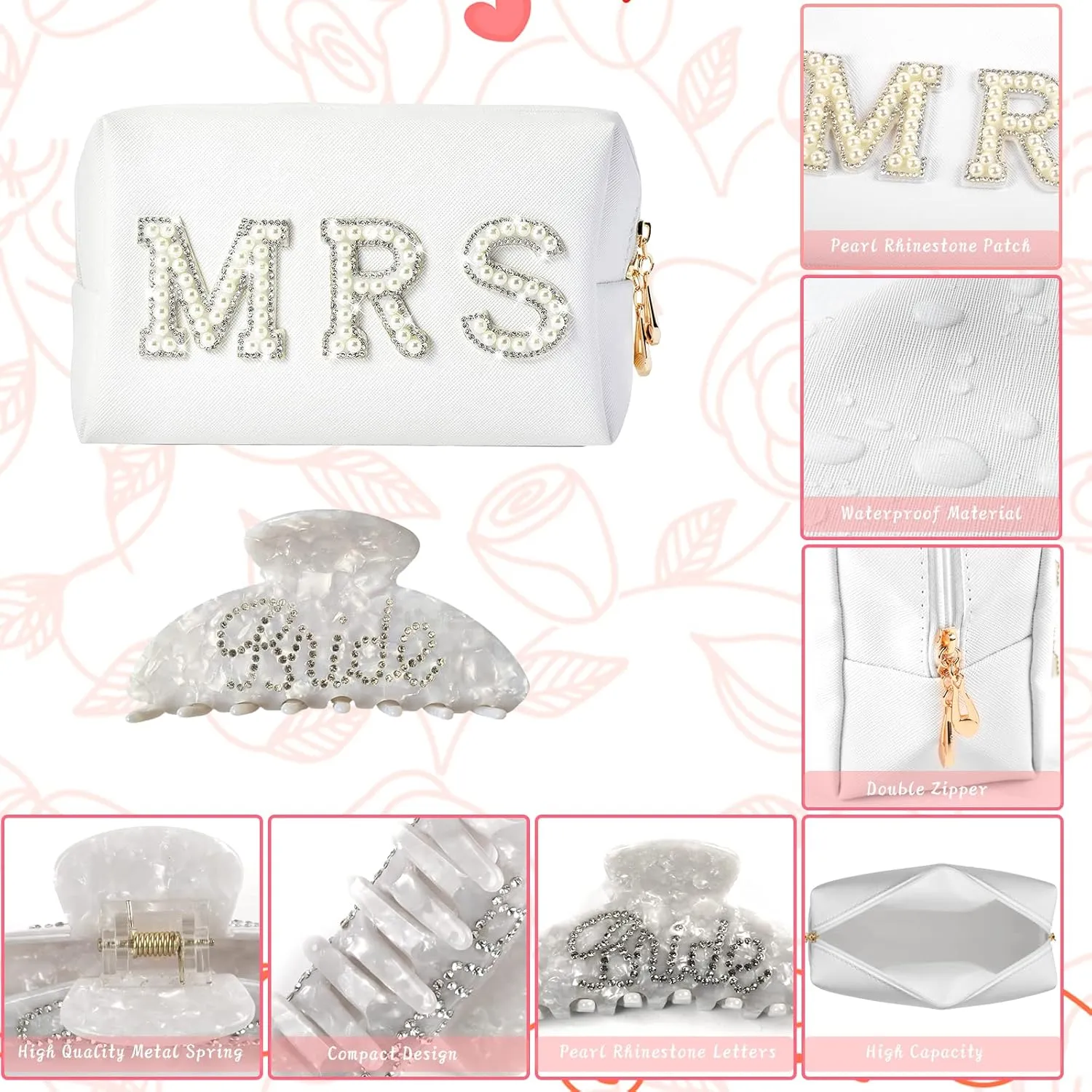 Bride To Be Gift Set - Makeup Bag, Slippers, Robe, Hair Clip - Wedding Gifts