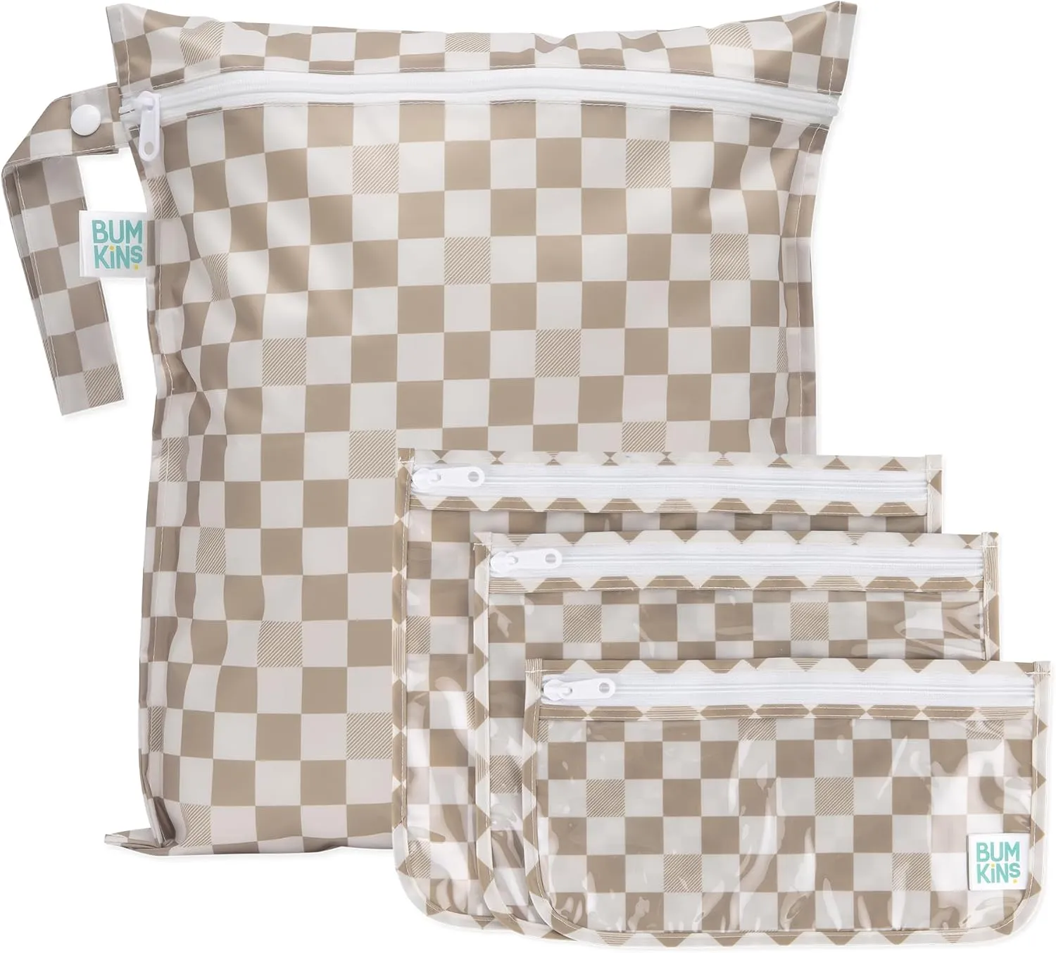 Bumkins Waterproof Wet Bag and Packing Pouches, TSA Airline Compliant, Pack for Baby, Travel, Swim Suit, Cloth Diapers, Pump Parts, Pool, Gym Clothes, Toiletry, Daycare, Zip Bag, 4-pc Set Beige Check