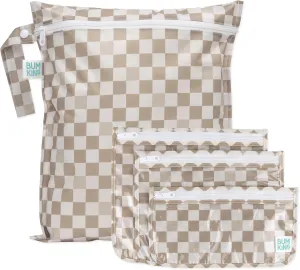Bumkins Waterproof Wet Bag and Packing Pouches, TSA Airline Compliant, Pack for Baby, Travel, Swim Suit, Cloth Diapers, Pump Parts, Pool, Gym Clothes, Toiletry, Daycare, Zip Bag, 4-pc Set Beige Check