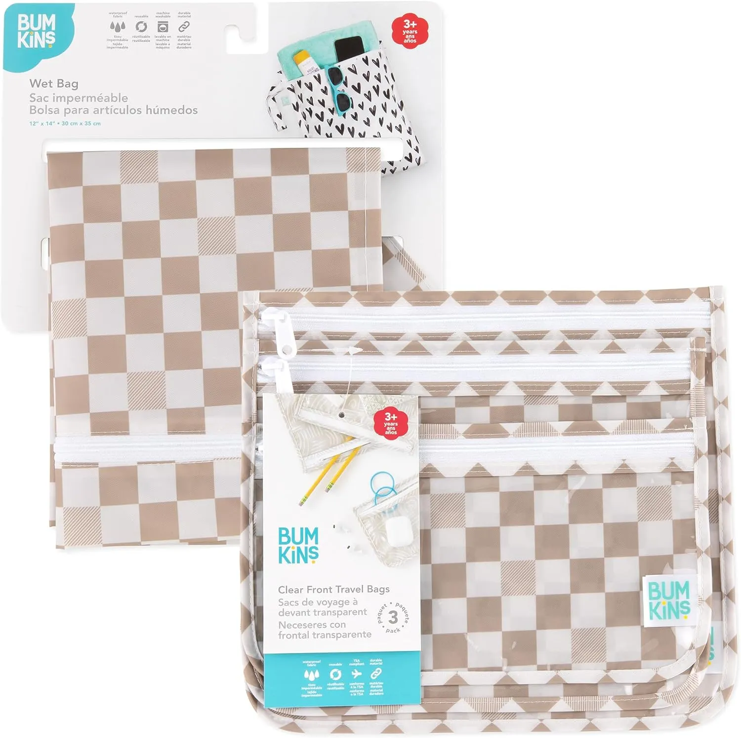 Bumkins Waterproof Wet Bag and Packing Pouches, TSA Airline Compliant, Pack for Baby, Travel, Swim Suit, Cloth Diapers, Pump Parts, Pool, Gym Clothes, Toiletry, Daycare, Zip Bag, 4-pc Set Beige Check