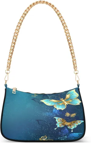 Butterflies Fly Shoulder Handbags for Women Travel Hobo Tote Handbag Women Gold Chain Shoulder Bags Purse with Zipper Closure