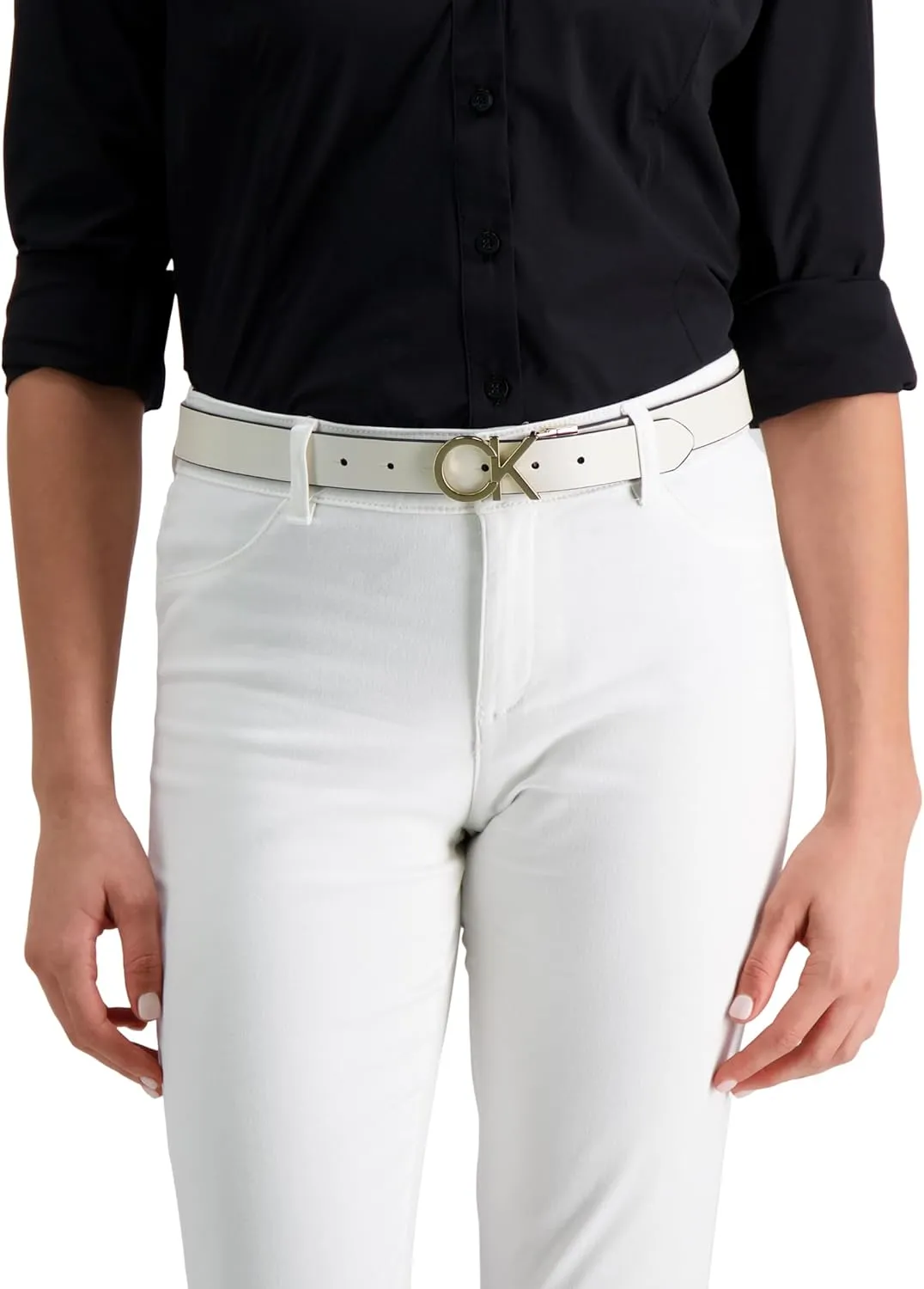 Calvin Klein Women's Two-in-One Reversible CK Monogram Plaque Buckle Dress Belt (Regular and Plus Sizes)