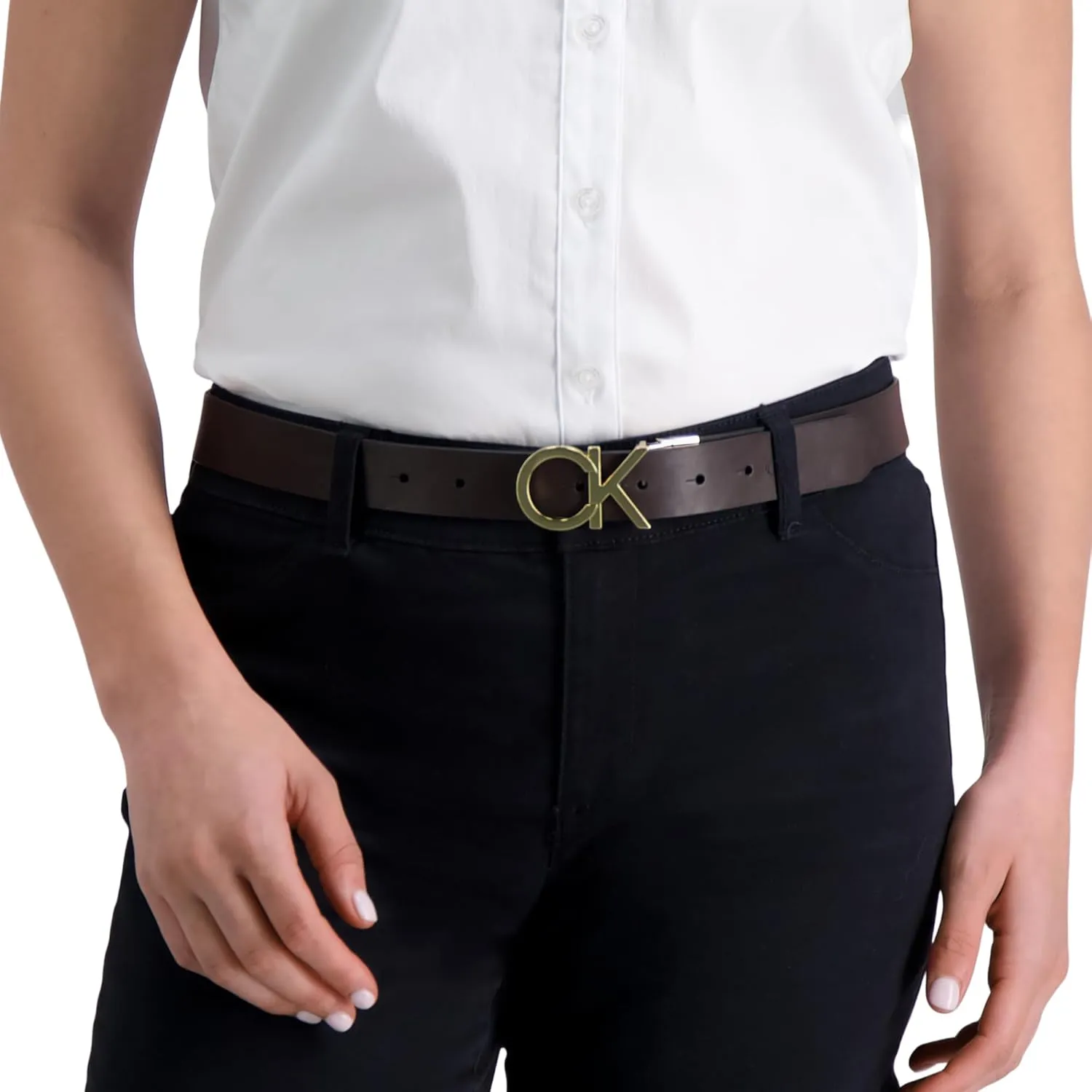 Calvin Klein Women's Two-in-One Reversible CK Monogram Plaque Buckle Dress Belt (Regular and Plus Sizes)