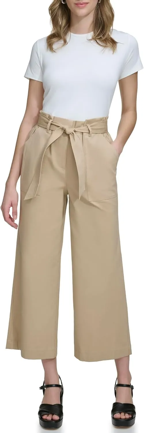 Calvin Klein Women's Woven Cropped Wide Leg Pant with Belt
