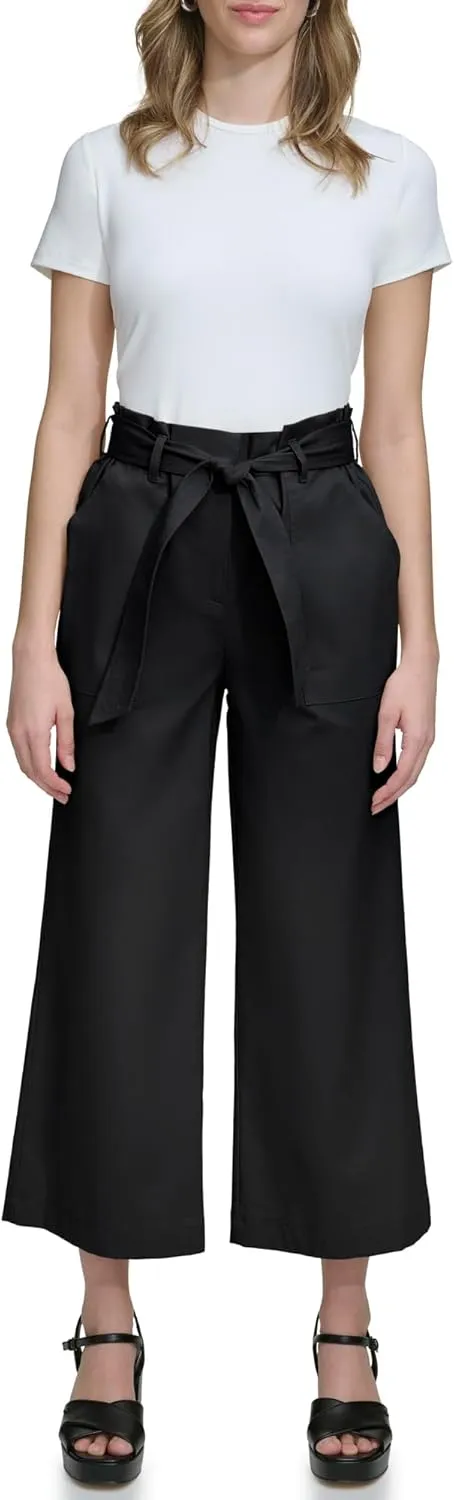 Calvin Klein Women's Woven Cropped Wide Leg Pant with Belt