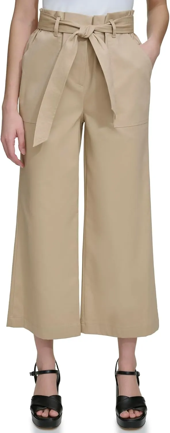 Calvin Klein Women's Woven Cropped Wide Leg Pant with Belt