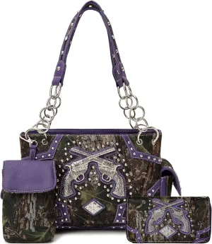 Camouflage Western Style Totes Studded Floral Handbag Tooled Leather Purse Country Women Shoulder Bag Zipper Wallet Set