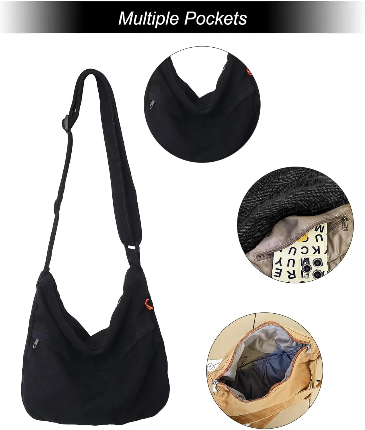 Canvas Crossbody Hobo Bag for Women, Casual Shoulder Messenger Bag with Adjustable Straps