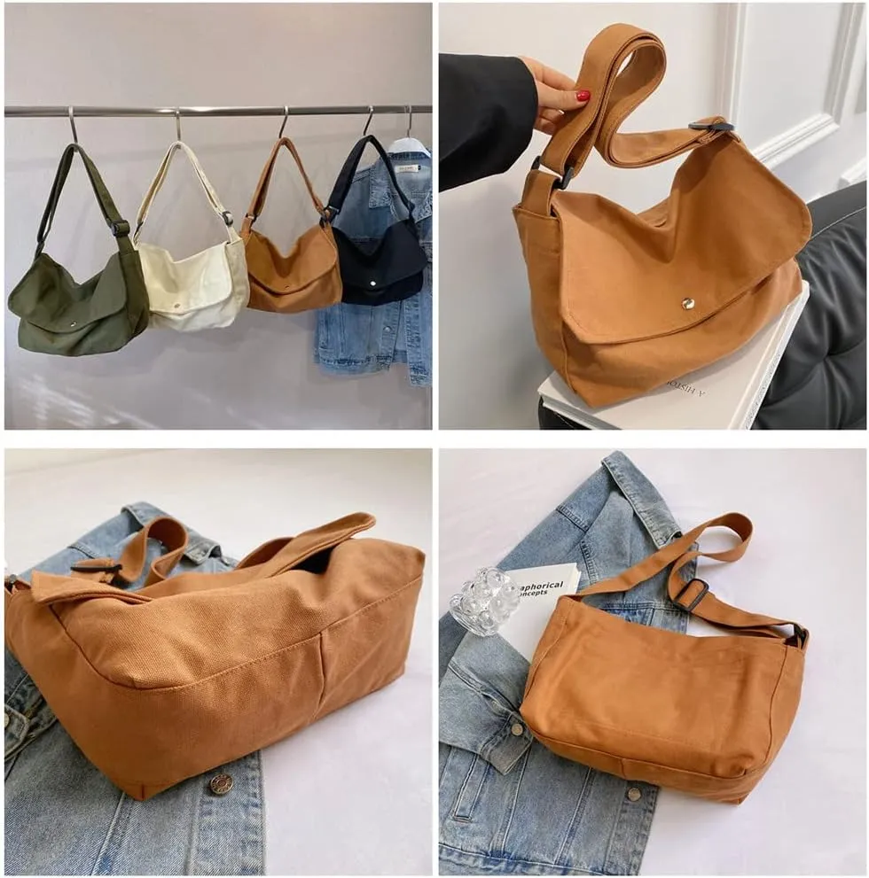 Canvas Messenger Bag Medium Size Hobo Crossbody Bag for Women Trendy Shoulder Bag Casual Travel Beach Bag Daily Work Bag