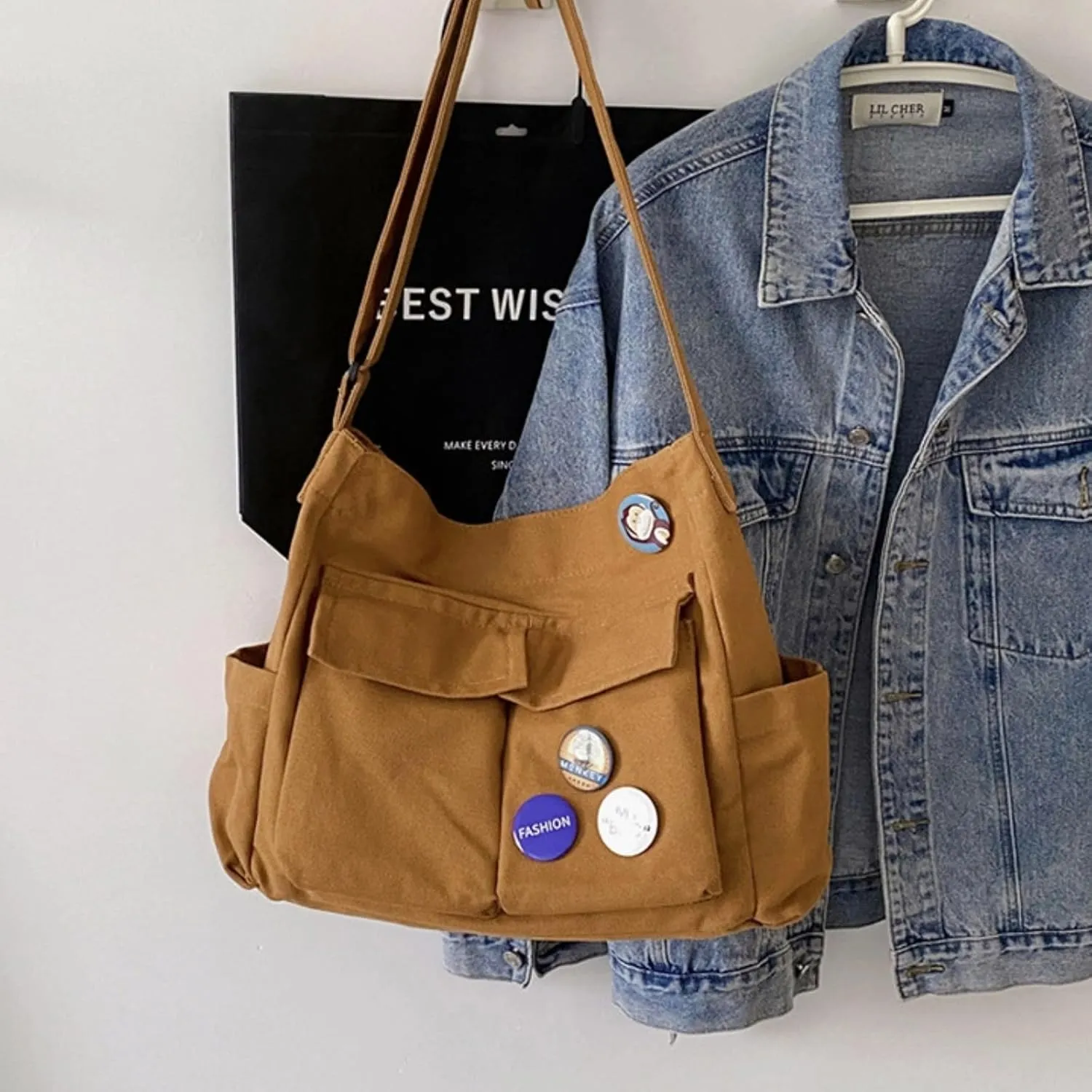 Canvas Messenger bag with Accessories for Women Aesthetic Vintage Crossbody Bag Shoulder Bag Tote Bag