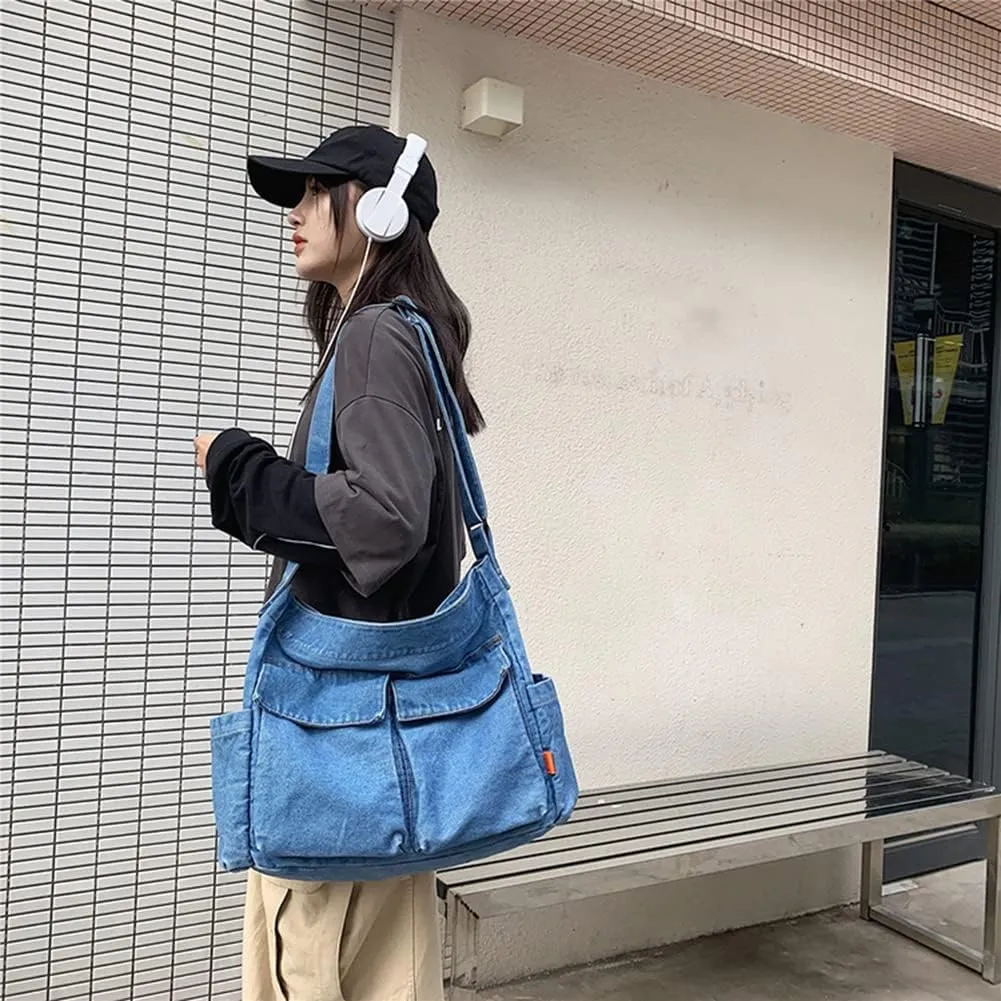 Canvas Shoulder Bag Large Hobo Crossbody Bag with Multiple Pockets Canvas Messenger Tote Bag for Women and Men